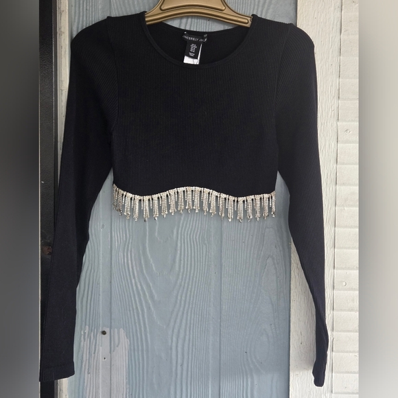 Sincerely Jules Black Crop Top with Beaded Fringe - Picture 3 of 7